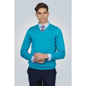 Tudors Slim Fit Turkuaz V Yaka Pamuklu Erkek Kazak