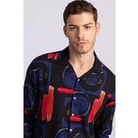 Tudors Slim Fit Uzun Kol Baskılı Desenli Apaj Yaka Viskon Gömlek