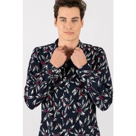 Tudors Slim Fit Uzun Kol Baskılı Desenli Apaj Yaka Viskon Gömlek