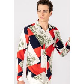 Tudors Slim Fit Uzun Kol Baskılı Desenli Apaj Yaka Viskon Gömlek