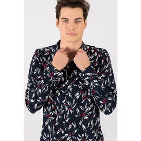 Tudors Slim Fit Uzun Kol Baskılı Desenli Apaj Yaka Viskon Gömlek