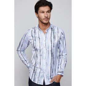 Tudors Slim Fit Uzun Kol Baskılı Yaka Biyeli Beyaz Erkek Gömlek