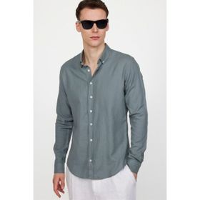 Tudors Slim Fit Uzun Kol Biyeli Yaka Düğmeli Gri Keten Erkek Gömlek