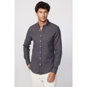 Tudors Slim Fit Uzun Kol Biyeli Yaka Düğmeli Gri Keten Erkek Gömlek