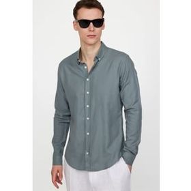 Tudors Slim Fit Uzun Kol Biyeli Yaka Düğmeli Gri Keten Erkek Gömlek
