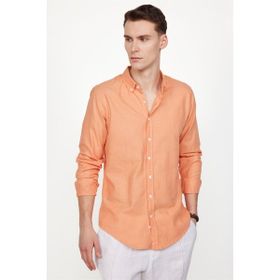 Tudors Slim Fit Uzun Kol Biyeli Yaka Düğmeli Keten Erkek Turuncu Gömlek