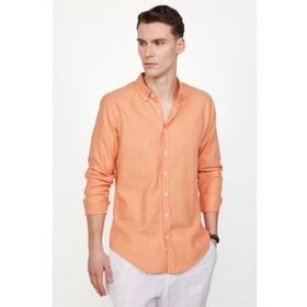 Tudors Slim Fit Uzun Kol Biyeli Yaka Düğmeli Keten Erkek Turuncu Gömlek