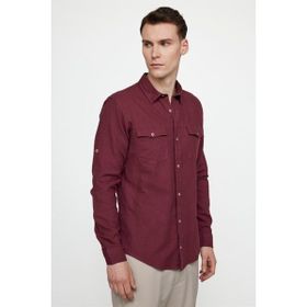Tudors Slim Fit Uzun Kol Çift Cep Pamuk Keten Spor Yaka Erkek Bordo Gömlek