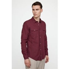 Tudors Slim Fit Uzun Kol Çift Cep Pamuk Keten Spor Yaka Erkek Bordo Gömlek