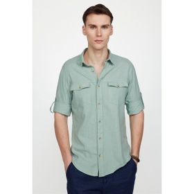 Tudors Slim Fit Uzun Kol Çift Cep Pamuk Keten Spor Yaka Erkek Yeşil Gömlek