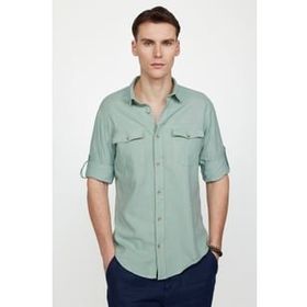 Tudors Slim Fit Uzun Kol Çift Cep Pamuk Keten Spor Yaka Erkek Yeşil Gömlek