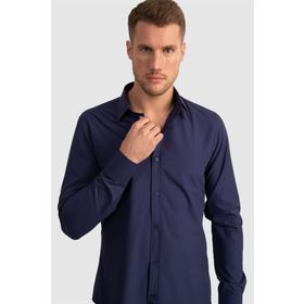 Tudors Terry Cotton Slim Fit Dar Kesim Lacivert Erkek Gömlek