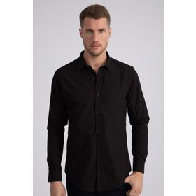 Tudors Terry Cotton Slim Fit Dar Kesim Siyah Erkek Gömlek