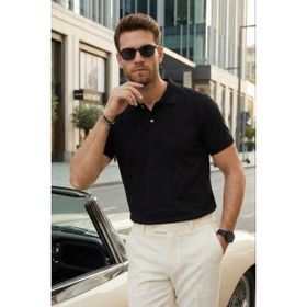 Tudors TS240019 Erkek Slim Fit Dar Kesim Pamuklu Yumuşak Doku Nefes Alan Kumaş Kıvrılmaz Yaka Siyah Polo Yaka T-Shirt
