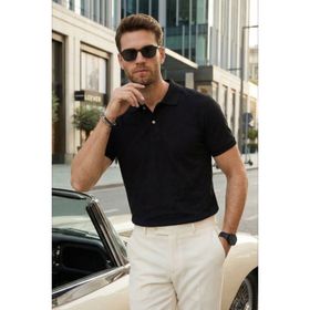 Tudors TS240019 Erkek Slim Fit Dar Kesim Pamuklu Yumuşak Doku Nefes Alan Kumaş Kıvrılmaz Yaka Siyah Polo Yaka T-Shirt