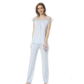 Türen 3197 % 65 Viskon % 35 Polyester Mavi Dantelli Kadın Pijama Takımı