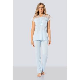 Türen 3197 % 65 Viskon % 35 Polyester Mavi Dantelli Kadın Pijama Takımı