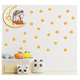 Tusador S0015 Tilki Dünyası Ay Üzerinde Uyuyan Sevimli Tilki Sarı Yıldızlar ve Puantiyeler Sticker