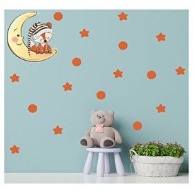 Tusador S0115 Tilki Dünyası Ay Üzerinde Uyuyan Sevimli Tilki Koyu Turuncu Yıldızlar ve Puantiyeler Sticker