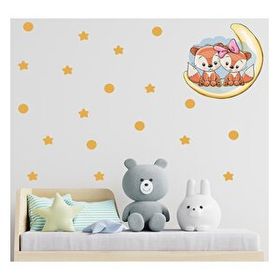 Tusador S0118 Tilki Dünyası Ay Üzerindeki Sevimli Tilkiler Sarı Yıldızlar ve Puantiyeler Sticker