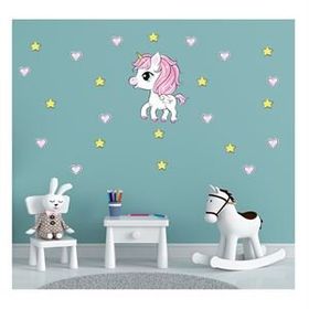 Tusador T0343 ST Tilki Dünyası Minik Unicorn Pembe Kalpler ve Sarı Yıldızlar Çocuk Odası Sticker