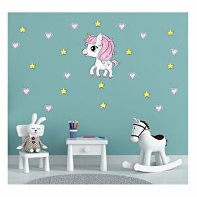 Tusador T0343 ST Tilki Dünyası Minik Unicorn Pembe Kalpler ve Sarı Yıldızlar Çocuk Odası Sticker
