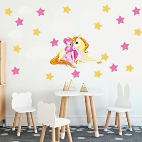 Tusador TILKI-75980 Tilki Dünyası Beyaz Bulutlar Unicorn ve Sevimli Prenses Çocuk Odası Sticker