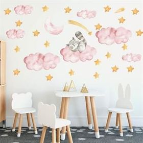 Tusador TILKI-75992 Tilki Dünyası Bulut Üzerinde Uyuyan Yavru Rakun Yıldızlar Pembe Bulutlar Çocuk Odası Sticker