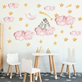 Tusador TILKI-75992 Tilki Dünyası Bulut Üzerinde Uyuyan Yavru Rakun Yıldızlar Pembe Bulutlar Çocuk Odası Sticker