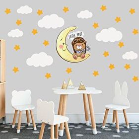 Tusador TILKI/75977 Tilki Dünyası Sevimli Pilot Ayıcık , Turuncu Yıldızlar Beyaz Bulutlar Çocuk Odası Sticker