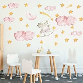 Tusador TILKI/76025 Tilki Dünyası Sevimli Fil Yıldızlar, Pembe Bulutlar Çocuk Odası Sticker