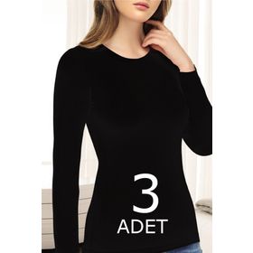 Tutku Elit 2203 Elastan 3 Adet Siyah Uzun Kol Kadın Body