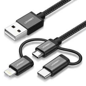 Ugreen 3 in 1 iOS Lightning Type-C Micro Siyah USB Şarj ve Data Kablosu