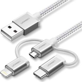 Ugreen 3'ü 1 Arada 1.5 m Örgülü iPhone Lightning Type-C Micro USB Şarj Kablosu