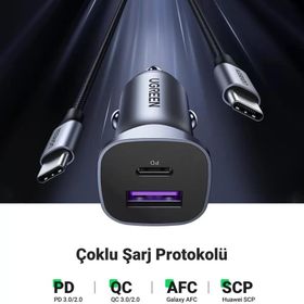 Ugreen PD 30 Watt SCP 22.5 Watt Type-C USB Alüminyum Araç Çakmaklık Şarjı