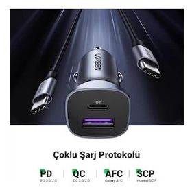 Ugreen PD 30 Watt SCP 22.5 Watt Type-C USB Alüminyum Araç Çakmaklık Şarjı