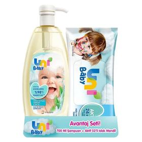 Uni Baby 700 ml Saç ve Vücut Şampuanı + Aktif 52'li Islak Mendil