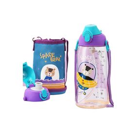 Uzspace 2041 700 ml Kılıflı İki Ayrı Kapaklı Pipetli/Pipetsiz Taşıma Askılı Tritan Çocuk Su Matarası