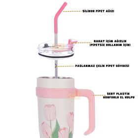 Vagonlife Diller 1200 ml Pembe Lale Desenli Tumbler Pipetli Pipetsiz Kulplu Paslanmaz Çelik Termos