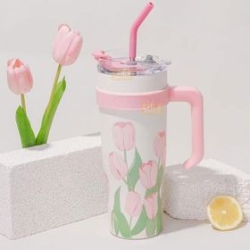 Vagonlife Diller 1200 ml Pembe Lale Desenli Tumbler Pipetli Pipetsiz Kulplu Paslanmaz Çelik Termos