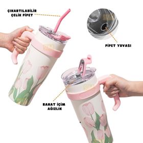 Vagonlife Diller 1200 ml Pembe Lale Desenli Tumbler Pipetli Pipetsiz Kulplu Paslanmaz Çelik Termos