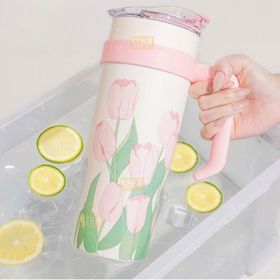 Vagonlife Diller 1200 ml Pembe Lale Desenli Tumbler Pipetli Pipetsiz Kulplu Paslanmaz Çelik Termos