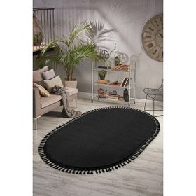 Valery Home Siyah 120x500 cm Oval Comfort Puffy Ponpon Saçaklı Peluş Halı Yolluk