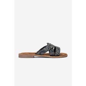 Valmenti Mistik Siyah Hakiki Deri Düz Kadın Terlik