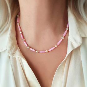 VAOOV 925 Ayar Gümüş Koyu Pembe Taşlı İnci Kolye