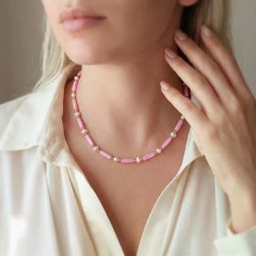 VAOOV 925 Ayar Gümüş Koyu Pembe Taşlı İnci Kolye