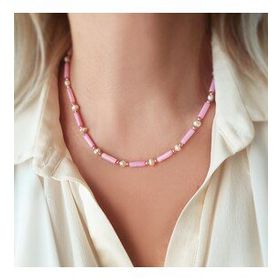 VAOOV 925 Ayar Gümüş Koyu Pembe Taşlı İnci Kolye