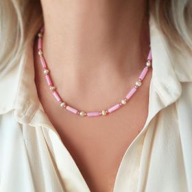 VAOOV 925 Ayar Gümüş Koyu Pembe Taşlı İnci Kolye