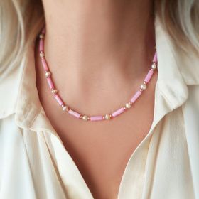 VAOOV 925 Ayar Gümüş Koyu Pembe Taşlı İnci Kolye