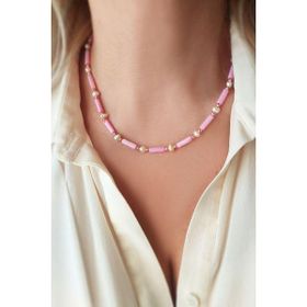VAOOV 925 Ayar Gümüş Koyu Pembe Taşlı İnci Kolye
